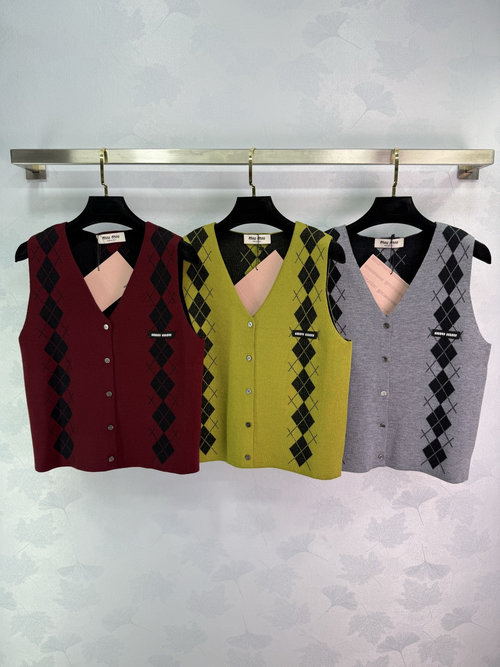 Miu Miu Checkerboard Patterned Vest with School-Style Logo