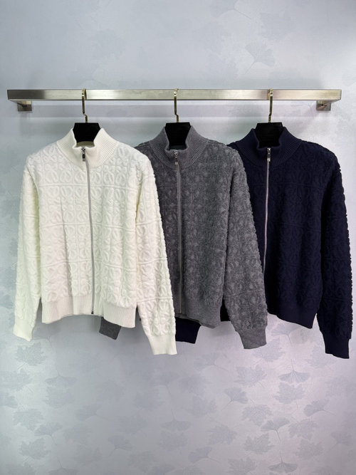 Loewe Stand Collar Zip-Up Long Sleeve Knit Cardigan with Diamond Pattern