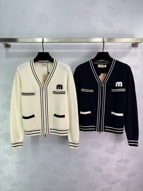 Miu Miu Stylish V-Neck Knit Cardigan with Color Block and Letter Embroidery