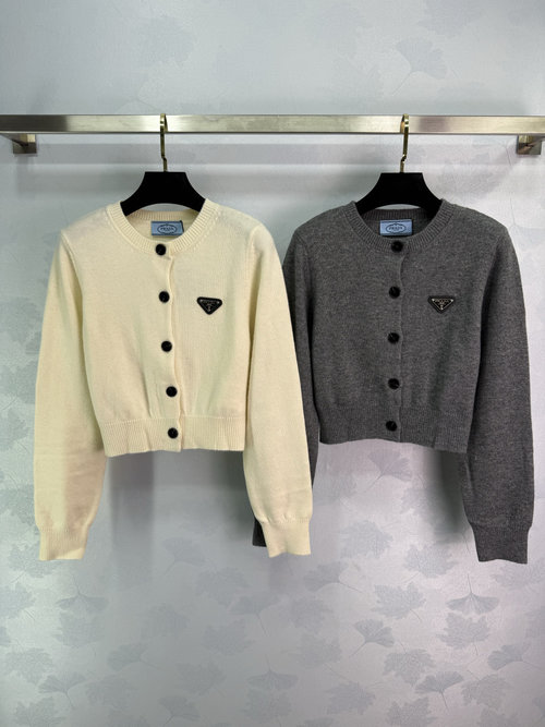 Prada Imported Wool Blend Round Neck Cardigan with Triangle Logo, Tailored Fit