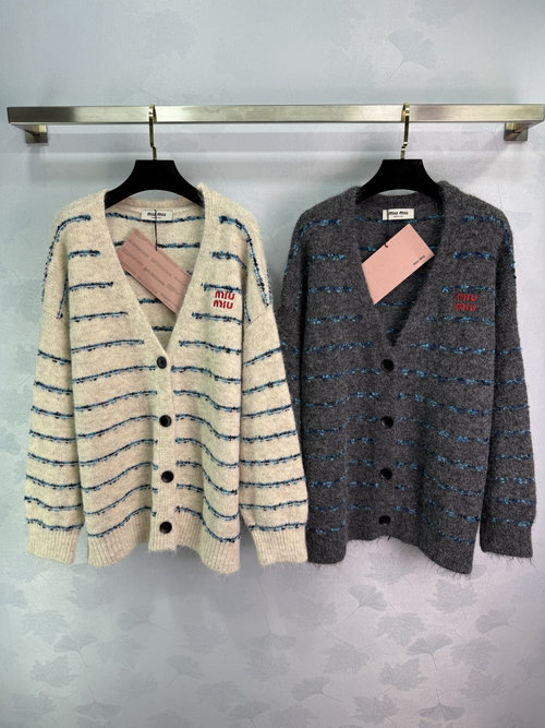 Miu Miu Classic V-Neck Striped Knit Cardigan with Logo Embroidery