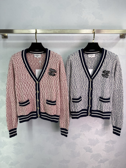 Chanel V Neck Knit Cardigan with Double C Logo, Soft and Charming