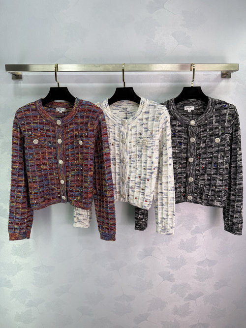 Chanel Elegant Checkered Knitted Cardigan with Pearl Buttons, Soft and Comfortable