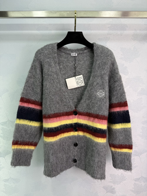 Loewe Rainbow Striped Knitted Cardigan with V Neck and Button Details