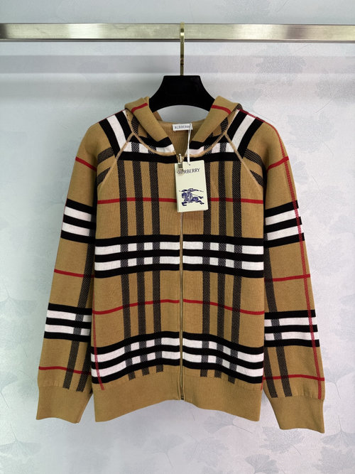 Burberry Hooded Knit Jacket with Double - Sided Check and Hidden Embroidered Pattern