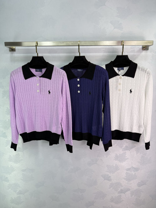 Polo Ralph Lauren Contrast Collar Knit Blouse with Horse Embroidery