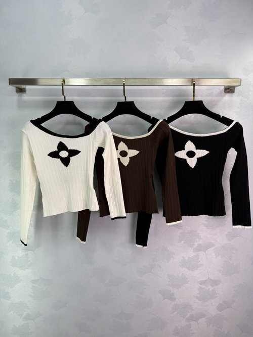 Louis Vuitton Four-Leaf Clover Embroidery Knit Top, Black and White Color Block, Striped Fabric