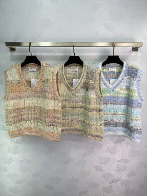 Chanel Striped V-neck Vest with Double C Logo, Exuding Gentle Elegance