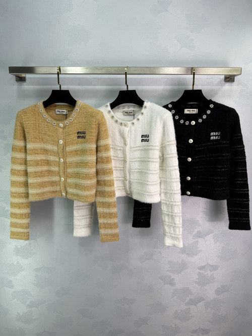 Miu Miu Pearl-Collar Striped Knit Cardigan with Logo Embroidery, Relaxed Fit