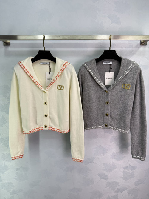 Valentino Navy Collar Knit Cardigan with Hooked Border and Embroidered Logo