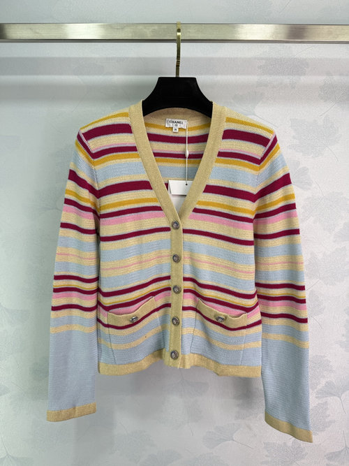 Chanel Color - Striped V - Neck Long - Sleeve Cardigan, Soft and Sophisticated