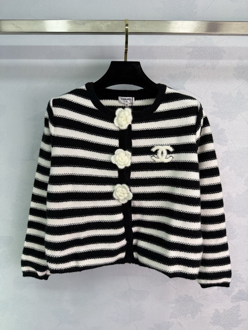 Chanel Black and White Striped Knit Cardigan with Camellia Button