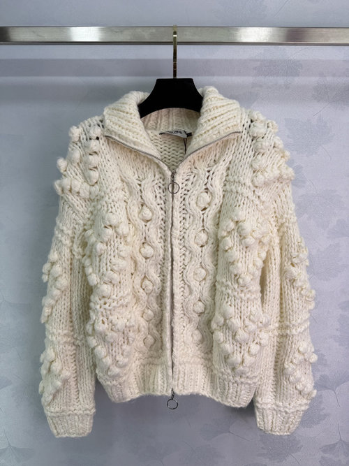 Miu Miu Pom-Pom Knit Jacket, Hand-Knit Chunky Yarn, Zipper Design, Warm and Stylish