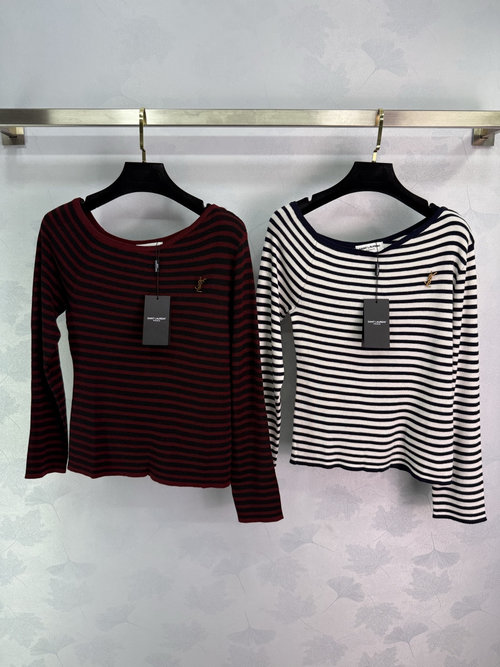 Yves Saint Laurent Classic Striped Knit Sweater with Metal Logo Accent