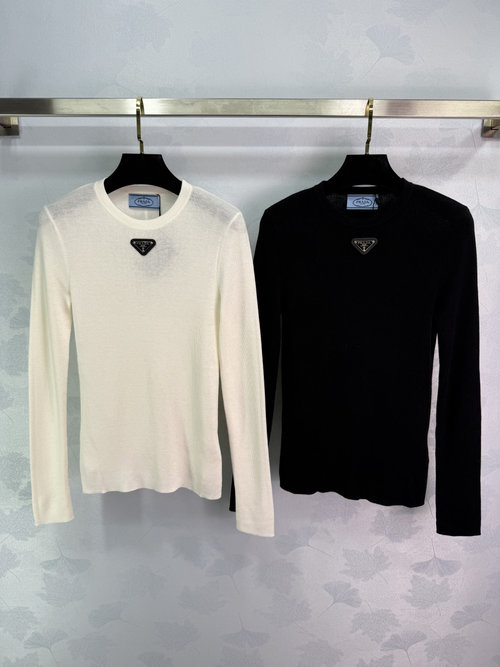 Prada Crew-neck Knit Long-sleeve with Triangle Logo, Fashionable