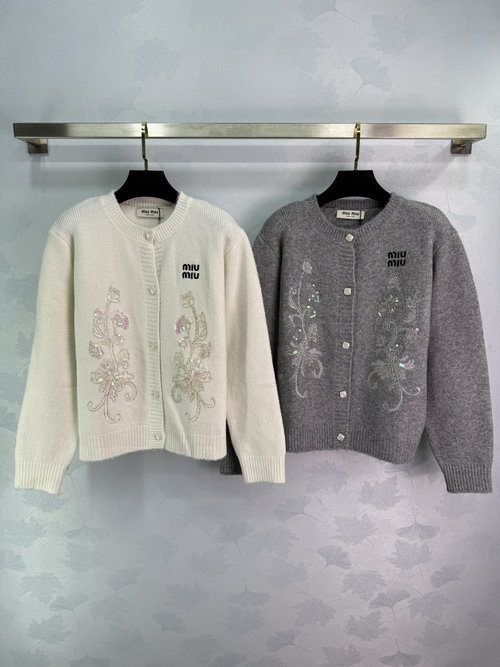 Miu Miu Round Neck Knit Cardigan with Handmade Studded Design