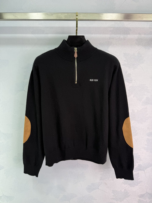 Miu Miu Stand Collar Half-Zip Knit Sweater, Custom Wool Yarn, Exquisite and Comfortable