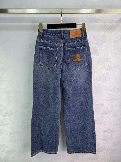 Celine Embroidered Leather Patch Denim Jeans, High Waist and Loose Fit