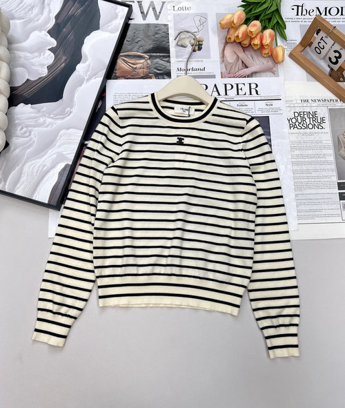 Celine Round Neck Knit Stripe Top with Leather Logo, Soft and Fashionable