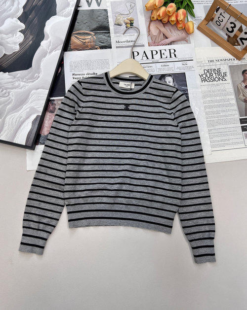 Celine Round Neck Knit Stripe Top with Leather Logo, Soft and Fashionable