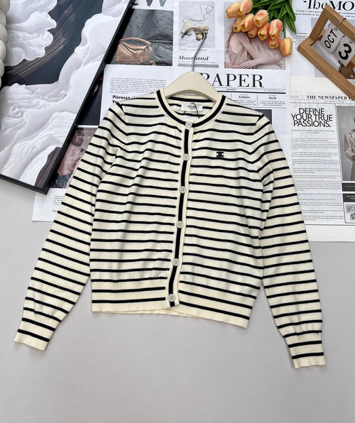 Celine Customizable Wool Knit Striped Cardigan with Emblem for an Elegant Appearance