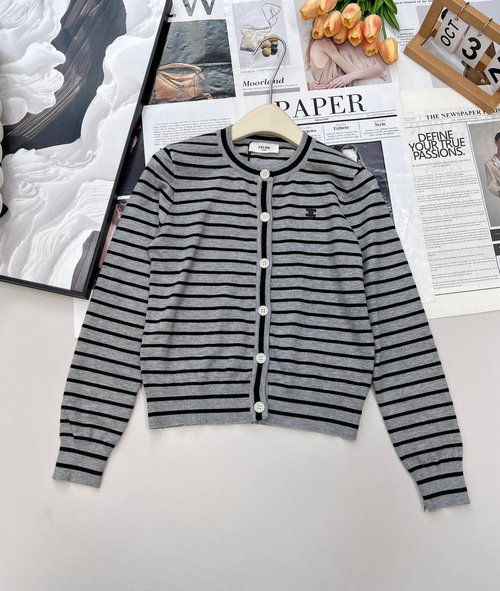 Celine Customizable Wool Knit Striped Cardigan with Emblem for an Elegant Appearance
