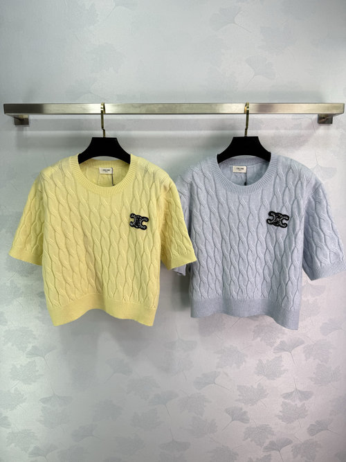 Celine Cashmere Short Sleeve with Beaded Emblem