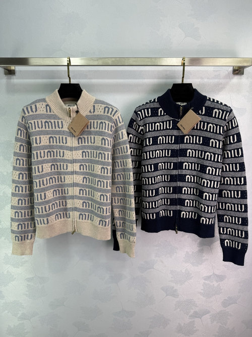 Miu Miu Stand Collar Knit Cardigan with Logo Jacquard