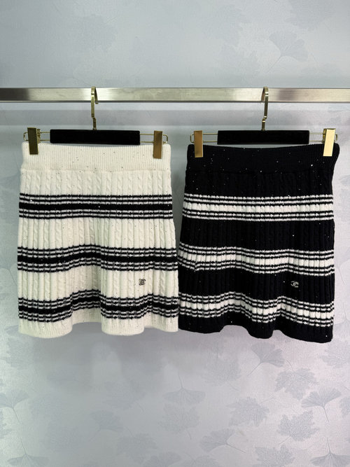 Chanel Striped Knit Cardigan and Skirt Set with Rhinestone Double C Closure