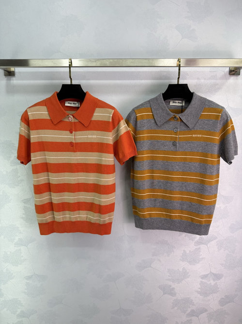 Miu Miu Short-Sleeve Polo Knit with Color Collage and Embroidered Letters, Ideal for Layering