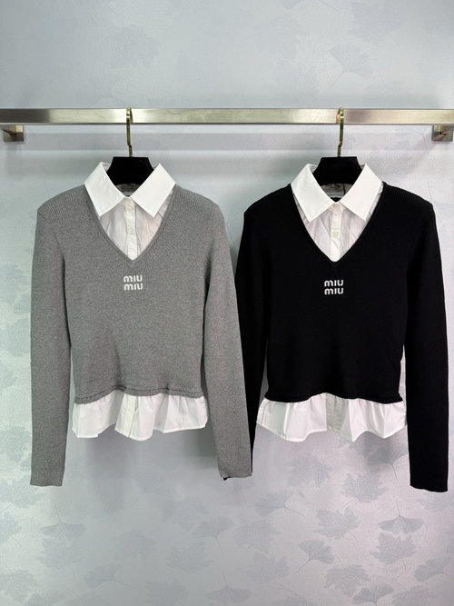 Miu Miu Fake Two-piece V-neck Knitwear with Shirt Collar and Logo Embroidery