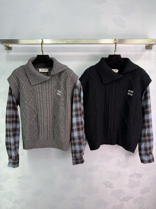 Miu Miu Patchwork Sweater with Stand Collar and Checked Sleeves, Distinctive and Versatile