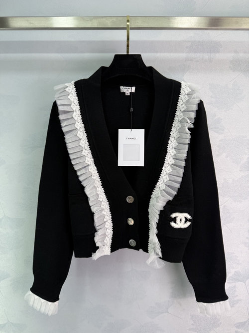 Chanel Lace Knit Cardigan with Double-C Embroidered and White Lace Trim