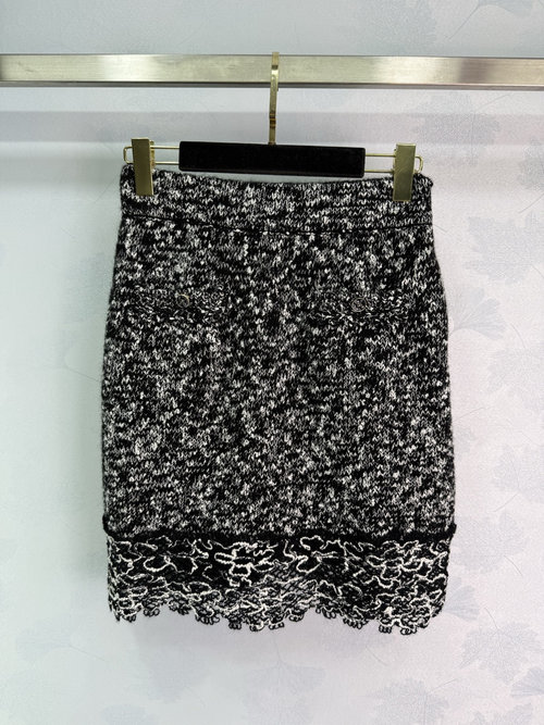 Chanel Lace-Trimmed Knit Cardigan and Skirt Set with Crystal Fasteners