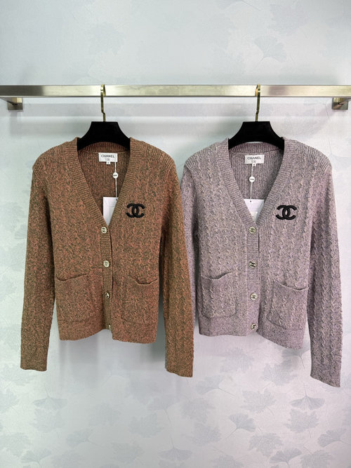 Chanel V-Neck Knit Cardigan with Double C Logo and Twisted Pattern