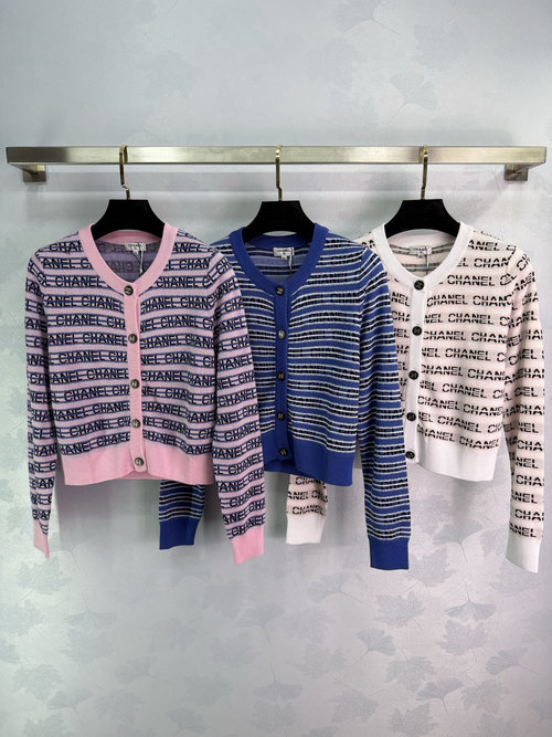 Chanel Letter Striped Knit Cardigan Featuring Exquisite Letter Jacquard