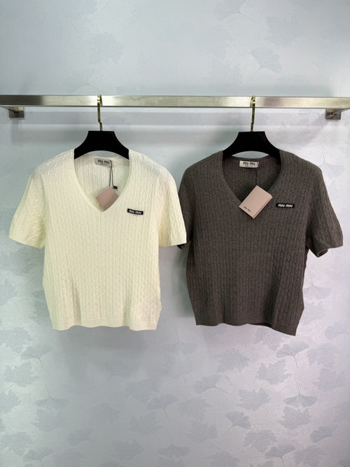 Miu Miu Cable-Knit V-Neck Short Sleeve with Textured Logo