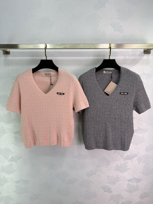 Miu Miu Cable-Knit V-Neck Short Sleeve with Textured Logo
