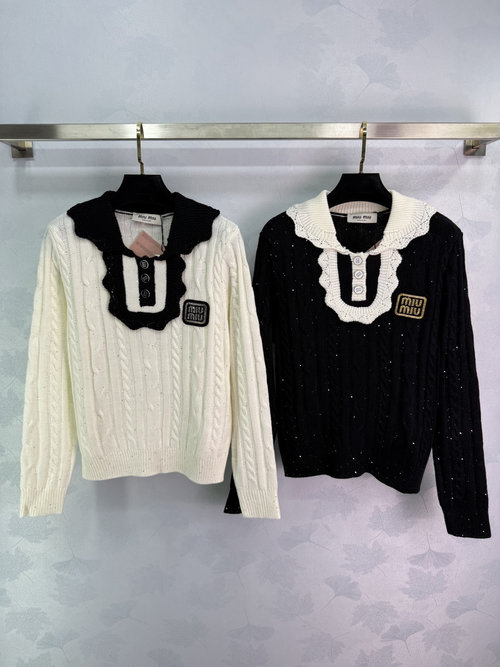 Miu Miu Black and White Knit Sweater with Twisted Stitch and Logo