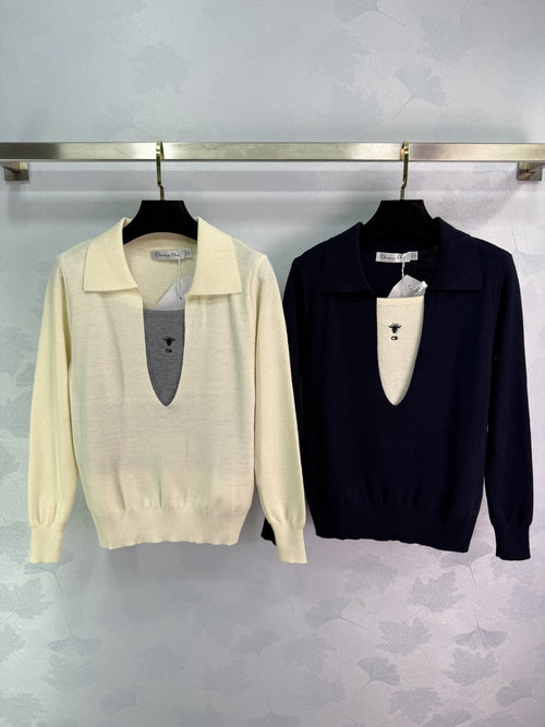 Dior Classic Flip Collar Knitwear with Bee Embroidery