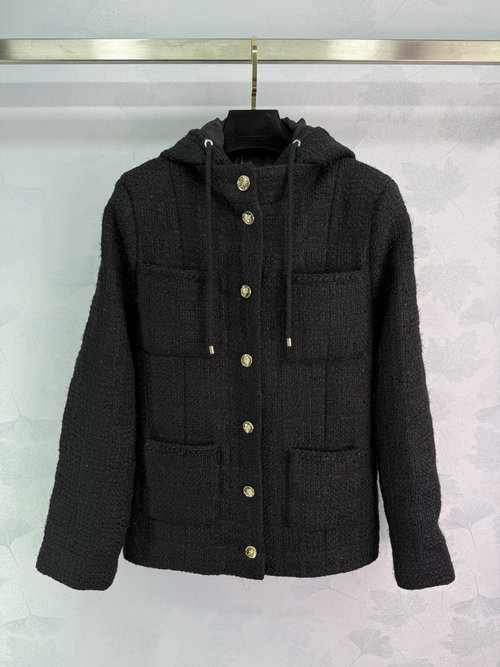 Chanel Removable Hooded Woolen Coat with Silver Weaving Texture