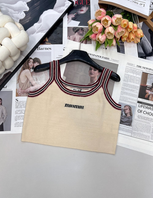 Miu Miu Embroidered Logo Knit Vest with Striped Details and U-neck Design