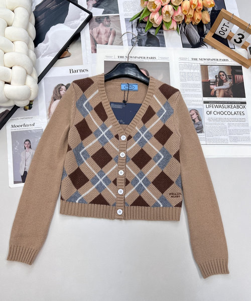 Prada Classic and Elegant Diamond Pattern Knit V-Neck Cardigan with Spiral Trim
