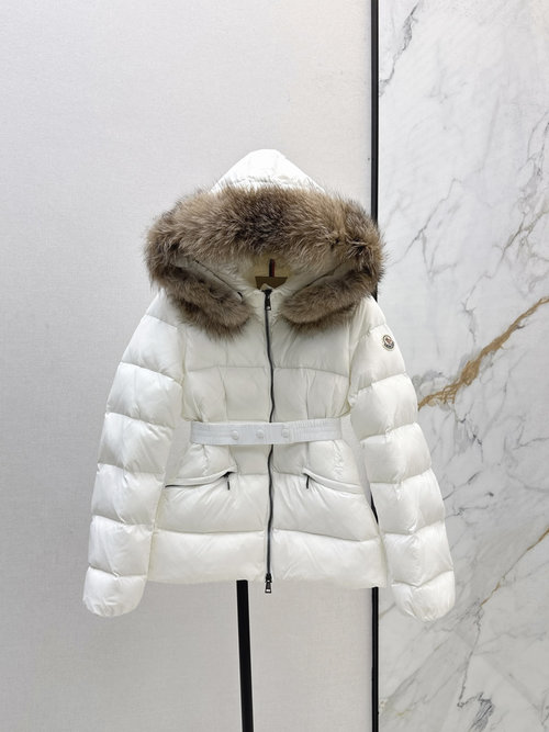 Moncler Customized Short Hooded Down Jacket with Raccoon Fur Collar, White Goose Down Filled