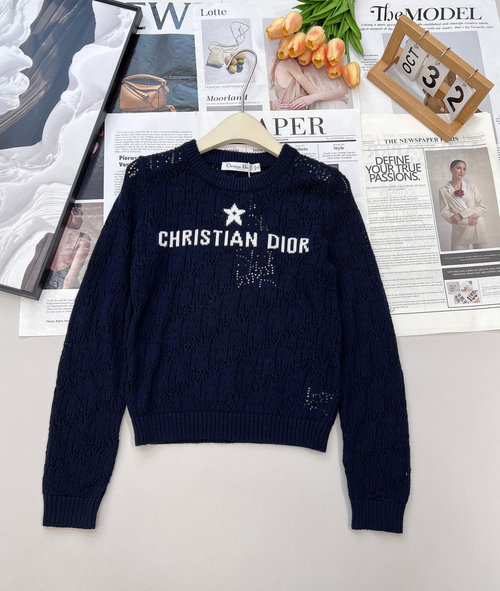 Dior Breathable Crochet Long-Sleeve Top with Embroidered Motifs