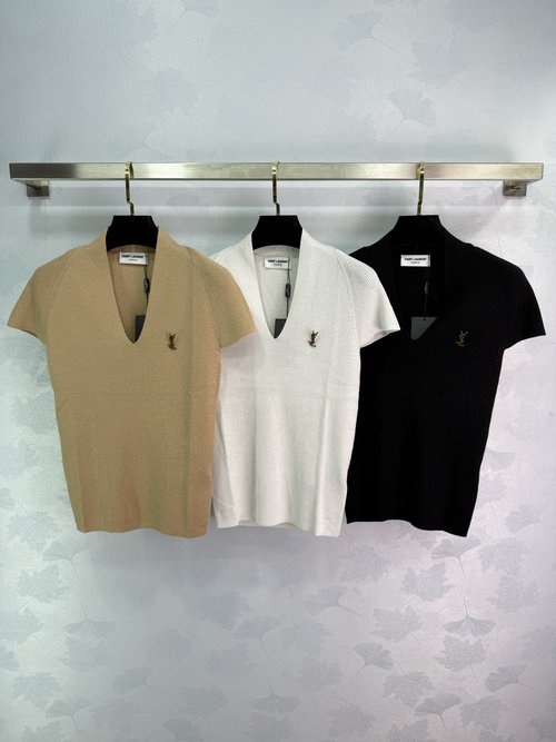 Yves Saint Laurent Knit Sweater with 3D Logo and Deep V-Neck for a Streamlined Fit