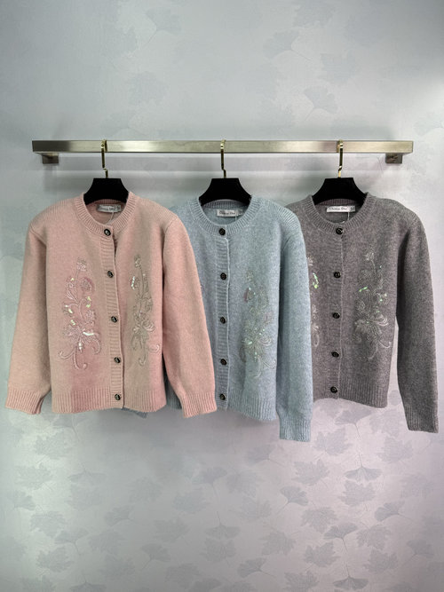 Dior Embroidered Beaded Knit Cardigan, Custom Wool Yarn, Classic and Academic