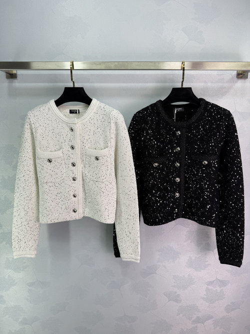 Chanel Sequined Round Neck Coat with Silver Buttons, Exuding Elegant Retro Charm
