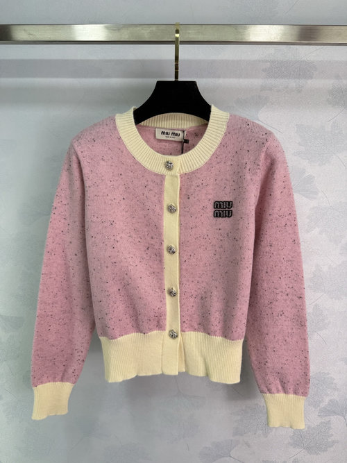Miu Miu Color-Blocked Knit Cardigan with Logo and Rhinestone Buttons, Stylish and Sophisticated