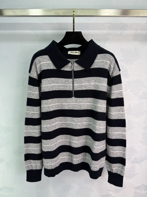 Miu Miu Customized Woolen Knit Top with Collar, Stripes and Logo